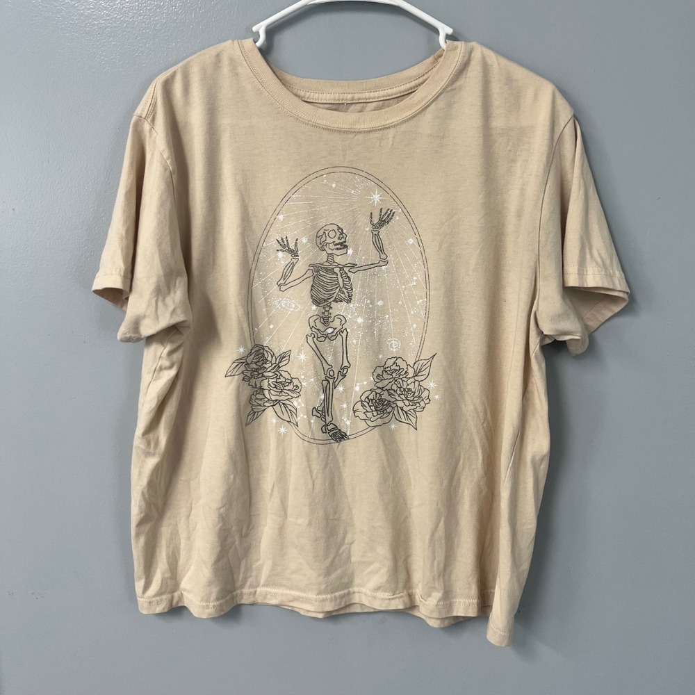 Mighty Fine Womens 2X Skeleton Celestial Rose Graphic T-Shirt Tan Beige Cotton